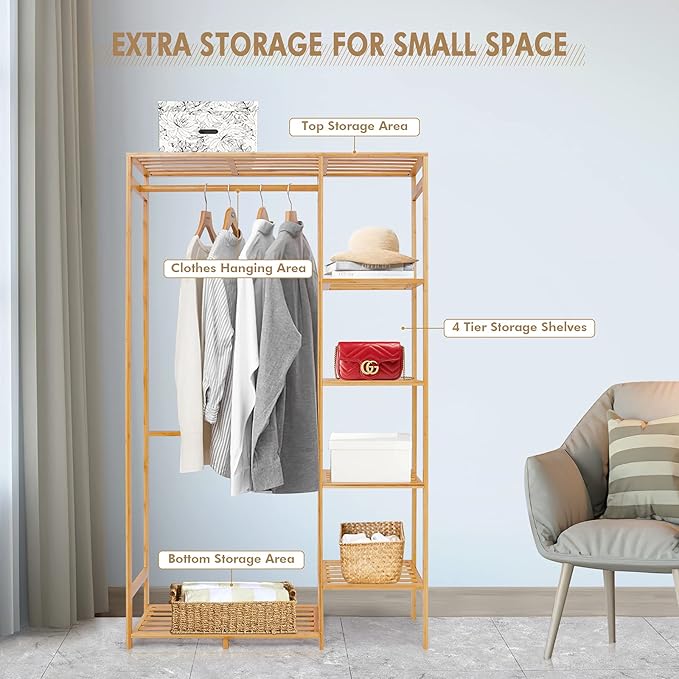 Jotsport Bamboo Clothing Rack with 6 Tier Storage Shelf & Hanging Rod | Portable Clothes Organizer Open Wardrobe Closet for Guest Room Kids Baby Bedroom Entryway