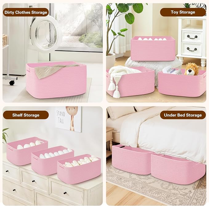 2 Pack Large Storage Basket for Organizing, 17.5"x13"x7" Woven Basket for Shelves, Closet Cube Storage Bins with Wrapped Handle, Cotton Rope Baskets for Kitchen, Clothes, Toys(Light Pink)
