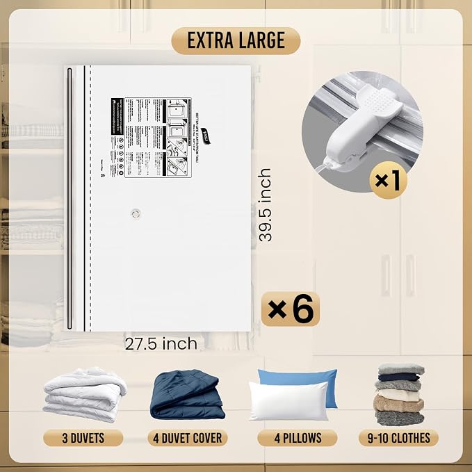 TAILI 6 Pack Vacuum Storage Bags, Jumbo LONG SIDE ZIP(39x28 inch), Clear | Vacuum Seal Bags for Clothing, Space Saver for Beddings, Comforters, Blankets, Pillows