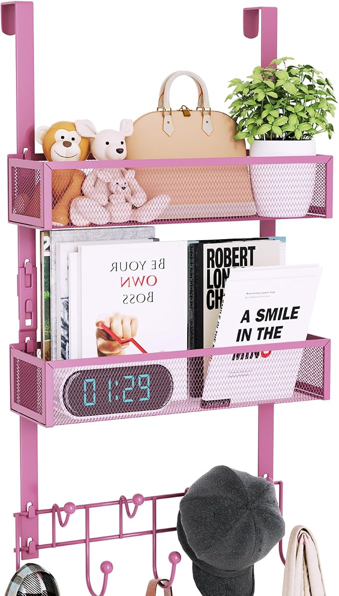 Consumest Over The Door Hooks Organizer - 3 Tier Door Hanger with 9 Coat Hooks & 2 Mesh Basket, Back Storage Organizer Hanging Towels for Bathroom, Bedroom, Pink