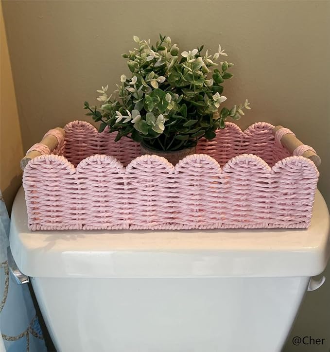 CubesLand Paper Rope Scalloped Edge Gift Basket Empty | Small Living Room,Bedroom Decor Baskets, Pink Woven Toilet Paper Storage Basket, with 2 Wooden Handle, Rectangular