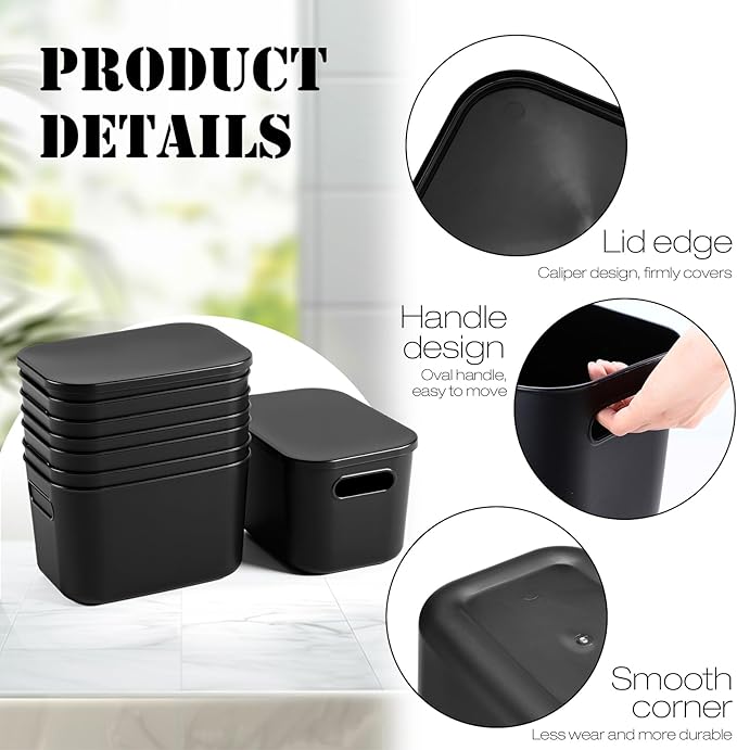 8 Pieces Colorful Storage Bins with Lid, Plastic Storage Basket Organizing Container Stackable Box with Handle for Shelves Desktop Playroom Office(9.8 x 7.1 x 6.3 Inch,Black)