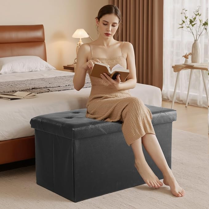 Sweetcrispy 30 Inch Storage Ottoman Bench, Folding Ottoman with Storage | Foot Rest Stool with Padded Seat, End of Bed Storage Bench for Living Room, Bedroom, Loads 660 LBS, Synthetic Leather, Black