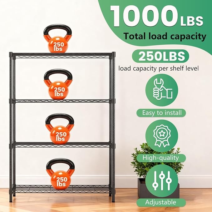FDW | 4-Tier Wire Shelf | 36" x 14" x 54" | Black | Storage Shelves with Adjustable Racks, Holds upto 1000 lbs | Rust-Resistant, No-Tool Assembly | For Home, Garage