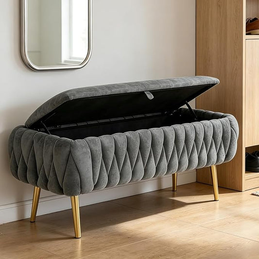Bench for Entryway 41.3", Bedroom Benches for Foot of Bed, Ottoman with Storage for Bedroom, Upholstered Rectangular Ottoman for Living Room, Entryway, Holds up to 450 lb (Grey)