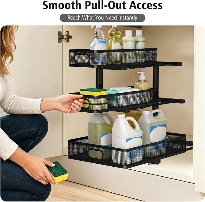 Under Sink Organizer, 3 Tier Pull Out Cabinet Organizer with 5 Adjustable Heights, Metal Under Sink Storage with Sliding Drawers for Kitchen, Bathroom, Pantry and Laundry Room, 2-Pack Black
