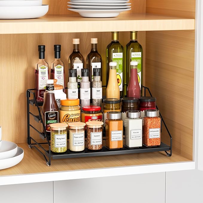 4 Tier Spice Rack Organizer for Cabinet, Depth Adjustable Spice Rack,1 Pack | Black, Metal Spice Organization for Cabinet, Easy Visibility, Tiered Spice Shelf Perfect for Cabinet, Pantry and Countertop