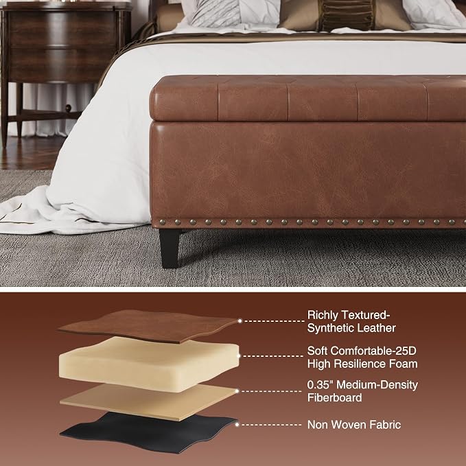 FiveWillowise 51 Inch Storage Ottoman Bench,Large End of Bed Storage Bench | Faux Leather Ottoman with Storage,30 Gallons,Upholstered,with Nailhead Trim,Legs,for Bedroom,Living Room,Entryway,Brown