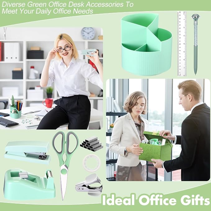 Sage Green Desk Accessories Office Supplies Set, 12 Pcs | 360° Rotating Pen Holder, Stapler, Tape Dispenser, Scissor, Sticky Notes, Binder Clips, Desk Organizers Gift for School