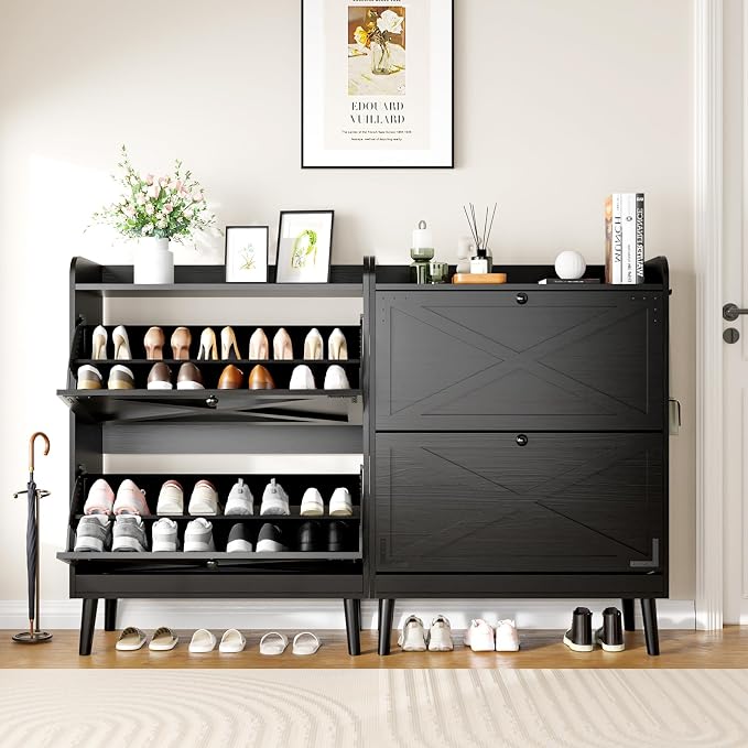 YZ HOME Shoe Storage Cabinet with 2 Flip Drawers | Entryway Shoe Cabinet, Metal Hooks & Adjustable Shelves, Freestanding Narrow Shoe Rack for Hallway Foyer, Black