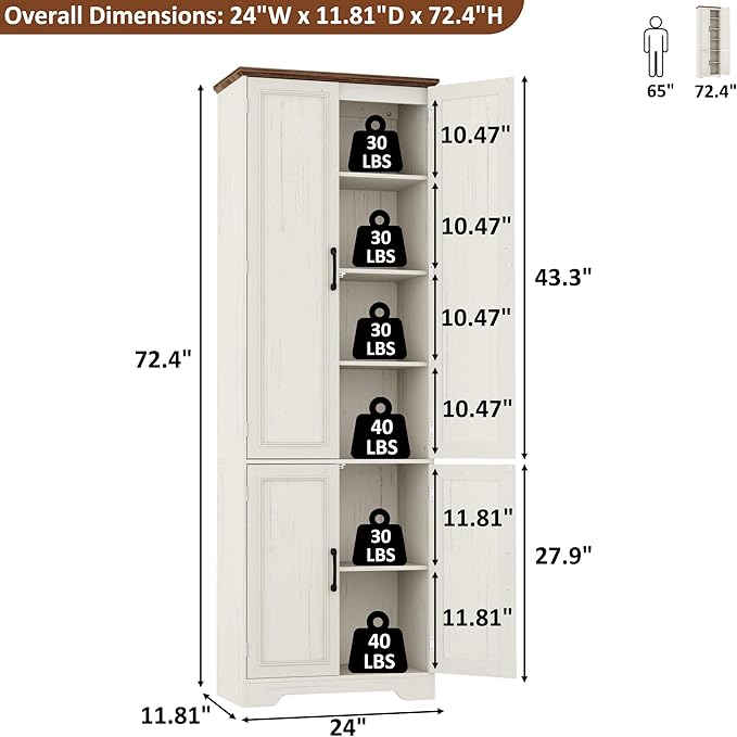 Function Home Farmhouse Kitchen Pantry Cabinet, 72" Tall Storage Cabinet with Doors and Adjustable Shelves, 6 Tier Freestanding Cupboard for Dining Room Living Room Bathroom, Antique White & Brown Top