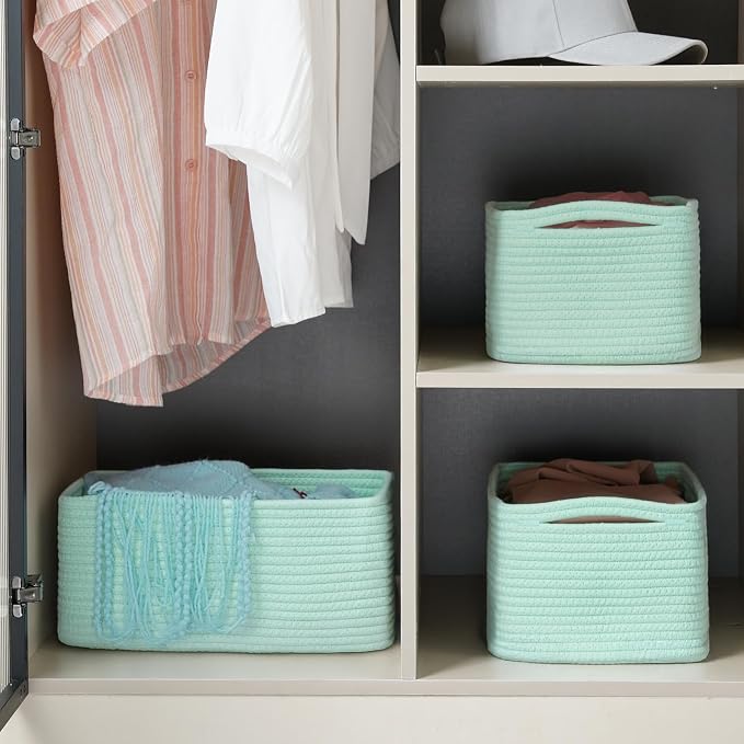 3-Pack Storage Baskets for Organizing | Woven Shelf Toy Basket | Rope Baskets for Gifts Empty | Closet Organizer Bins with Handles | Cube Decorative Box | 13.7×7.1×6.7” | Light Green