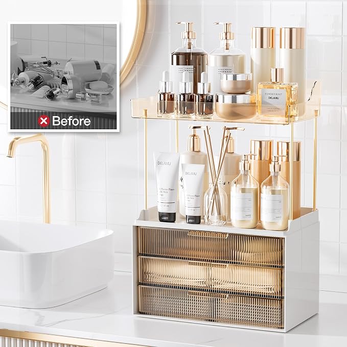 Delamu 5-Tier Makeup Organizer, Bathroom Counter Storage, 2 Drawers, Amber | Elegant Vanity Organizer Gift for Women, Holds Perfume, Skincare, Nail Polish & Hair Accessories for Bathroom Countertop