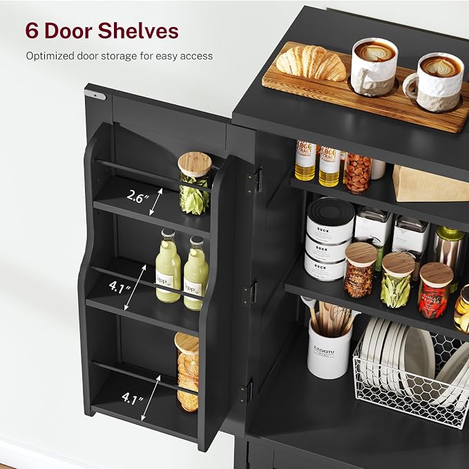 51" H Pantry Cabinet with 4 Doors, Kitchen Cabinet with 6 Door Shelves, Kitchen Pantry for Living Room, Dining Room, Bathroom, Black