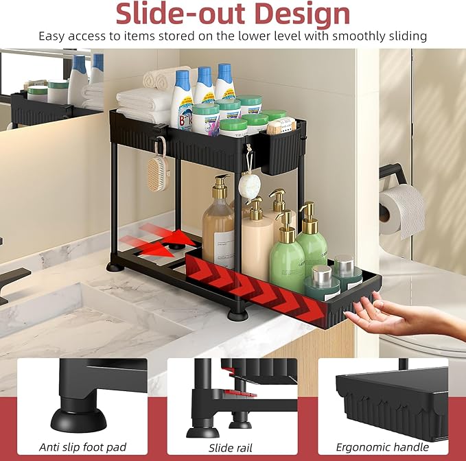 Sevenblue 4-Pack 2-Tier Under Sink Organizer with Pull Out Drawers | Multi-use kitchen & bathroom storage. Includes hanging hooks and cups. Black, space-saving cabinet design. 14.8 Inch