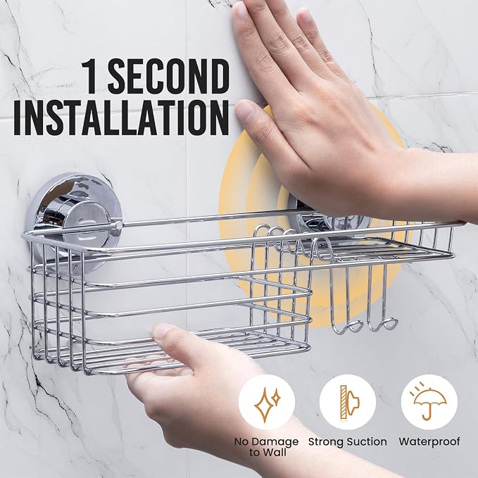 LEVERLOC Shower Caddy Suction Cup Shower Shelves Shower Holder，Silver | No Drill, Heavy Duty, Small, Wall Mount, Soap Holder, Shampoo Holder