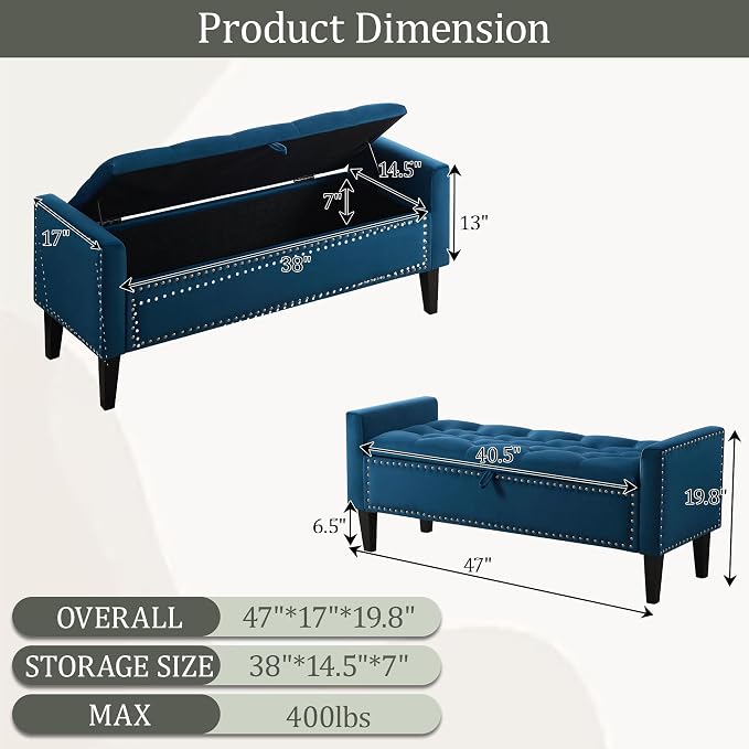 47in Velvet Storage Ottoman Bench with Arms, Upholstered Storage Bench with Wooden Legs, Storage Bench for Bedroom, Living Room, Entryway, Dark Blue