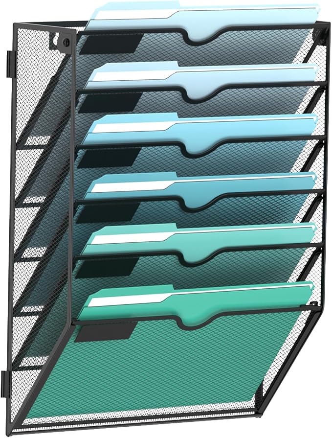 6-Tier Wall File Organizer, Hanging File Holder, Wall Mounted Mail Sorter | Metal Mesh Hanging File Organizer with Open Compartments and Label Panels for Papers and Folders at Home, Office or School