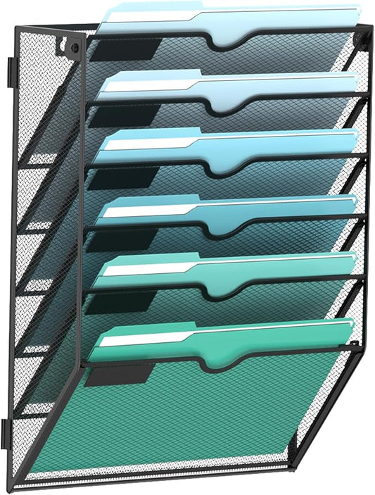 6-Tier Wall File Organizer, Hanging File Holder, Wall Mounted Mail Sorter | Metal Mesh Hanging File Organizer with Open Compartments and Label Panels for Papers and Folders at Home, Office or School