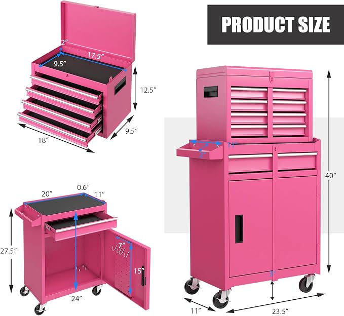 Goplus Pink Tool Chest, 5 Drawers Rolling Tool Cabinet w/Detachable Top Toolbox, Universal Lockable Wheels,Lock Bar,Protective Liner,Tool Rack, Metal Tool Storage Cart, Tool Box for Garage Workshop
