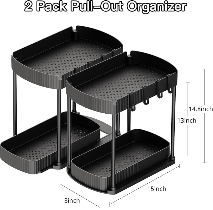 Ukeetap 2 Pack Multi-Purpose Pull-Out Storage Organizers, Under Sink Organizers and Storage for Bathroom & Kitchen, Under Cabinet Organizers and storage, 14.8 Inch, Black