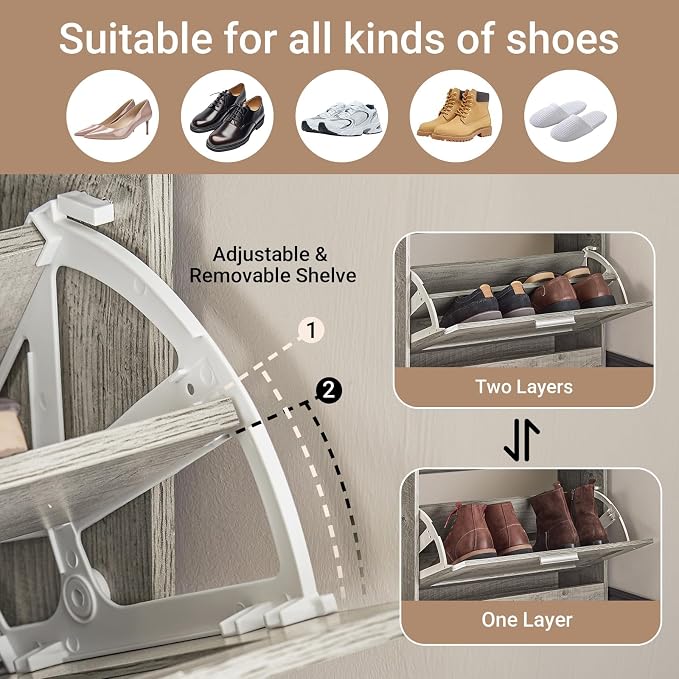 Haotian Enclosed Shoe Rack for Entryway | Shoe Cabinet with 2 Flip Drawers, Slim Shoe Storage Organizer for Hallway or Small Spaces, Grey, FSR137-HG