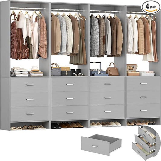Aheaplus Closet System Closet Organizer, Wood Closet Organizer System, Walk-in Closet or Small Closets Wardrobe, Clothes Rack with Hanging Rods, 8FT Closets, Set of 4, Grey