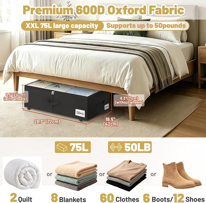 Under Bed Storage with Wheels, 2 Pack Underbed Storage Containers with Clear Lid & Label, XXL 75L Easy Assembly Rolling Under Bed Shoe Storage for Clothes, Shoes, Blankets, Black(28.3 X 16.5 X 9.5 in)