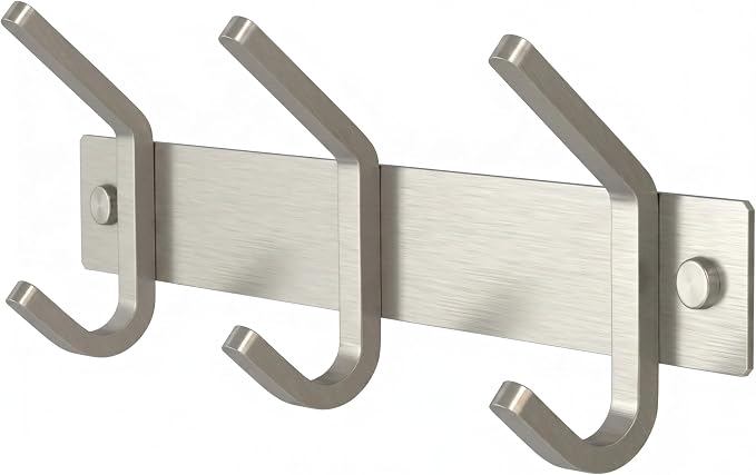 Small Coat Rack Wall Mount – Brushed Nickel 9 Inch Stainless Steel Hook Rail with 3 Heavy Duty Double Coat Hooks – Wall Mounted Coat Hanger for Entryway, Bathroom, Bedroom, Towel, Hat Organizer