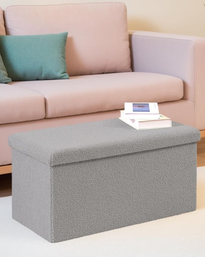 30 Inch Storage Ottoman Bench, Boucle Folding Ottoman Footstool, Rectangular Sherpa Footrest Storage Bench for Bedroom, Living Room, Entryway, Dorm, Grey