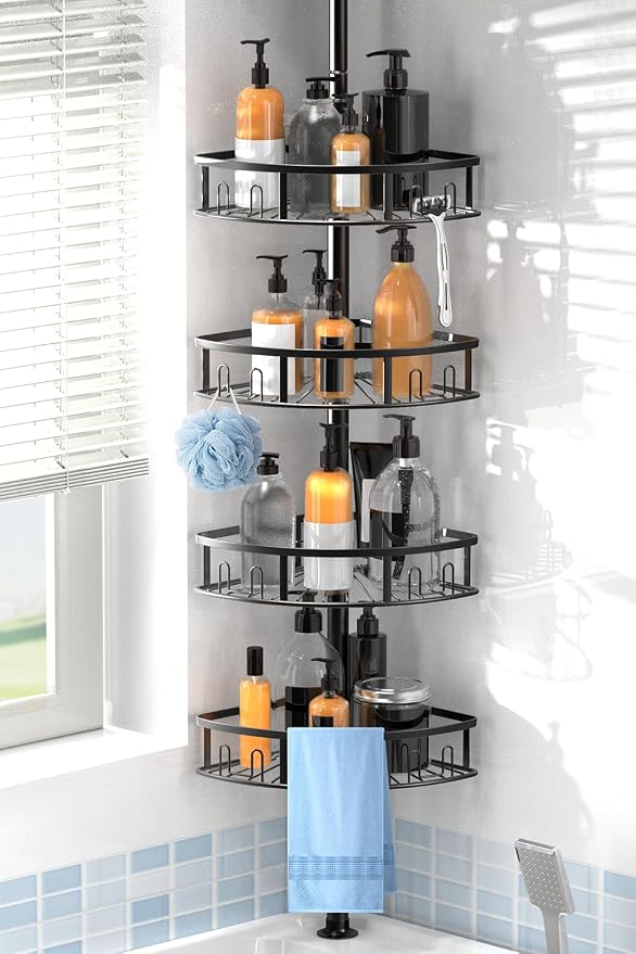 4-Tier Rustproof Corner Shower Caddy with Tension Pole, 42-115 Inch Adjustable Height Shower Organizer, Shower Shelves with Hooks, Freestanding Bathroom Organizer - Black