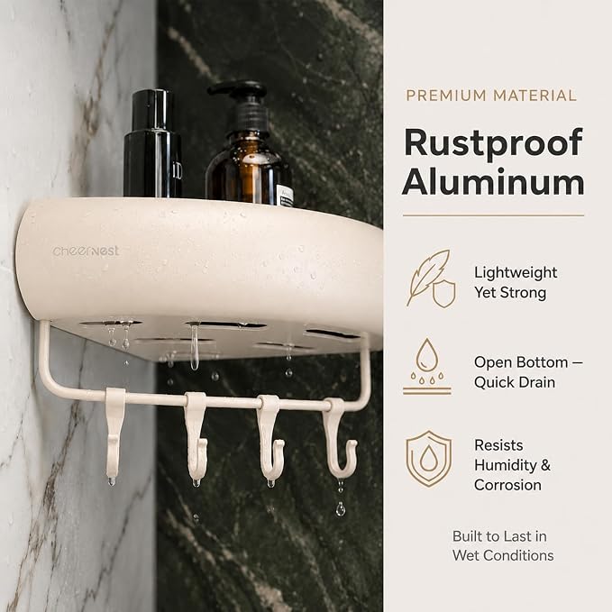 Corner Shower Caddy Adhesive Mount, No Drilling Shower Organizer | 2 Pack, Includes Hooks &Hanging Bar, Rustproof Aluminum, 2 Installation Ways, Wall-Mounted Bathroom Organizer Storage Shelves