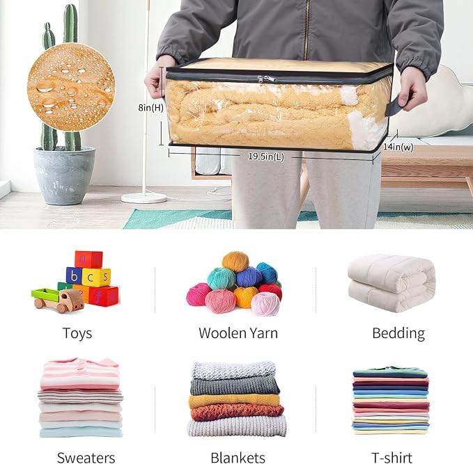 Blanket Storage Bags 4 Pack 35L Clear Plastic Clothes Closet Organizer | Clear Plastic, Zippered Closure, for Clothes Comforters Sweaters Blankets Sheets and Toys, Closet Storage