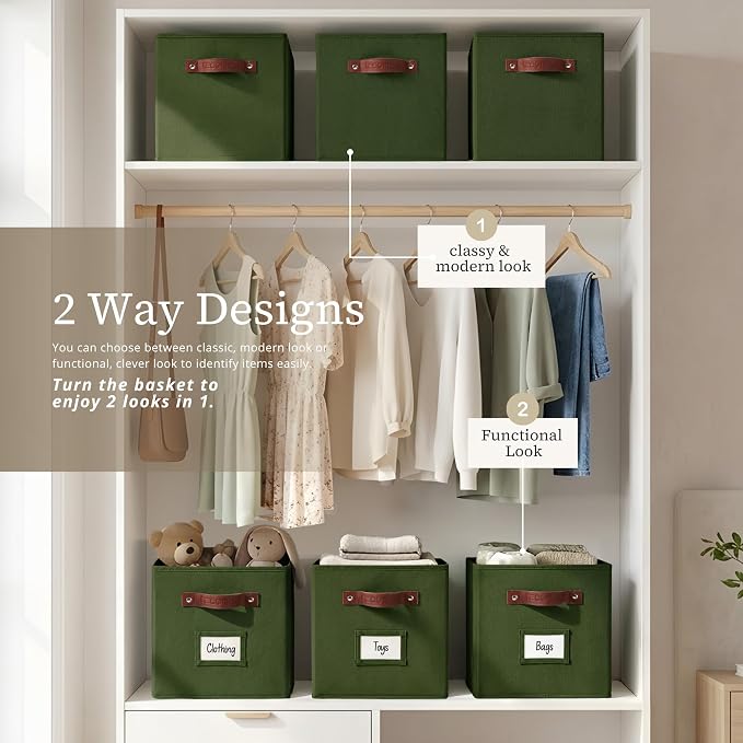 DECOMOMO Storage Bins, Storage Baskets for Shelves | 13" x 15" x 13" Storage Cube Bins with Labels for Organizing Shelves (Kallax, 4pcs, Olive Green)