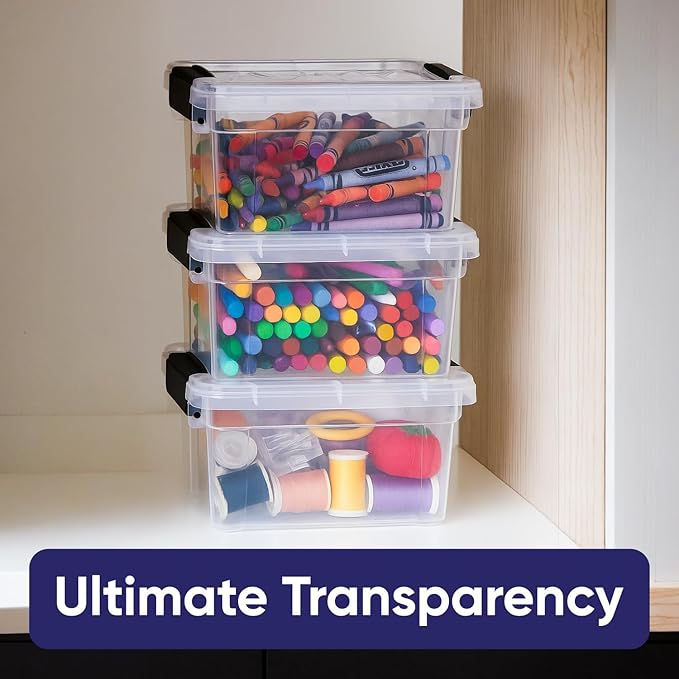 Superio Mini Storage Container Plastic Crayon Box Art Supplies and Sewing Case Stackable Clear Small Organizer for Beads, Stationery, Chalk, and Food, 1.4 Quart, 4 Pack