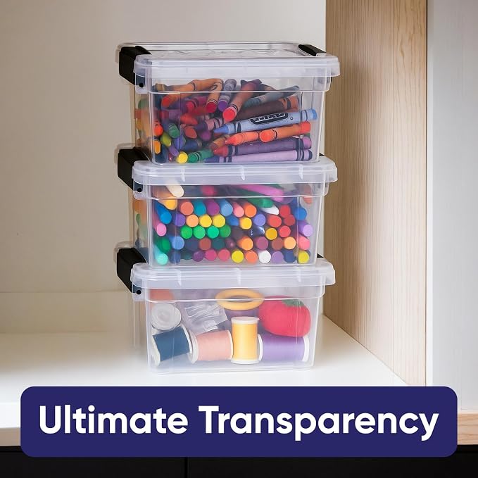 Superio Mini Storage Container Plastic Crayon Box Art Supplies and Sewing Case Stackable Clear Small Organizer for Beads, Stationery, Chalk, and Food, 1.4 Quart, 2 Pack