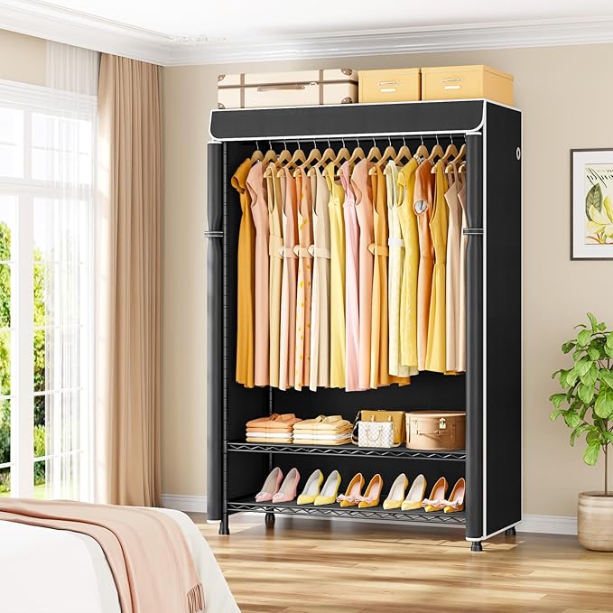 H5C Plus Clothes Rack with Cover, Covered Clothing Rack Heavy Duty | Garment Rack with Shelves, 3-Tier Portable Closets for Hanging Clothes, Max Load 370LBS, Black Closet Racks with Black Cover