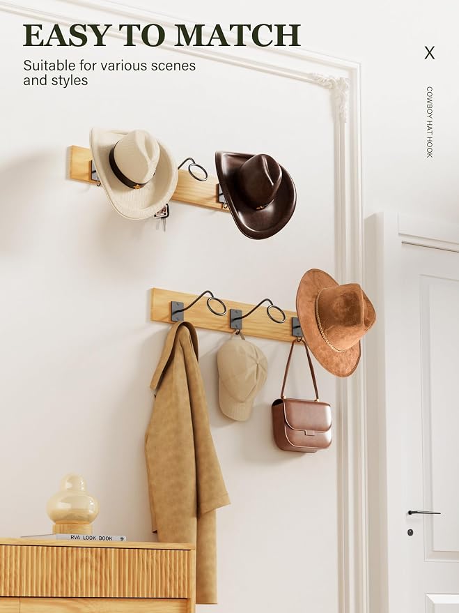 Cinati Cowboy Hat Rack for Wall 4 Pack, Cowboy Hat Holder Wall Mount, Western Rustic Metal Hats Hanger Hooks Organizer for Fedora,Sun Hats,Wide Brim, Extra Hooks for Baseball Caps,Western Room Decor