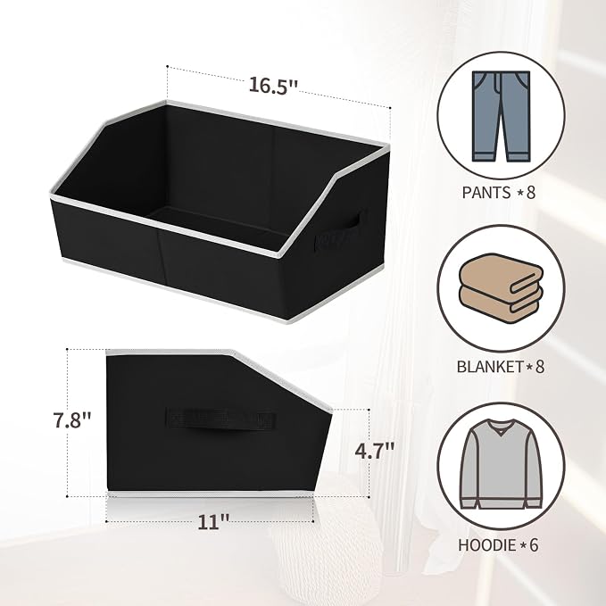 Homsorout Closet Baskets for Shelves Trapezoid - Decorative Storage Baskets with Handle, Closet Bins for Organization, Shelf Storage Bins for Clothes, Books, Home, Office, 8 Pack, Black
