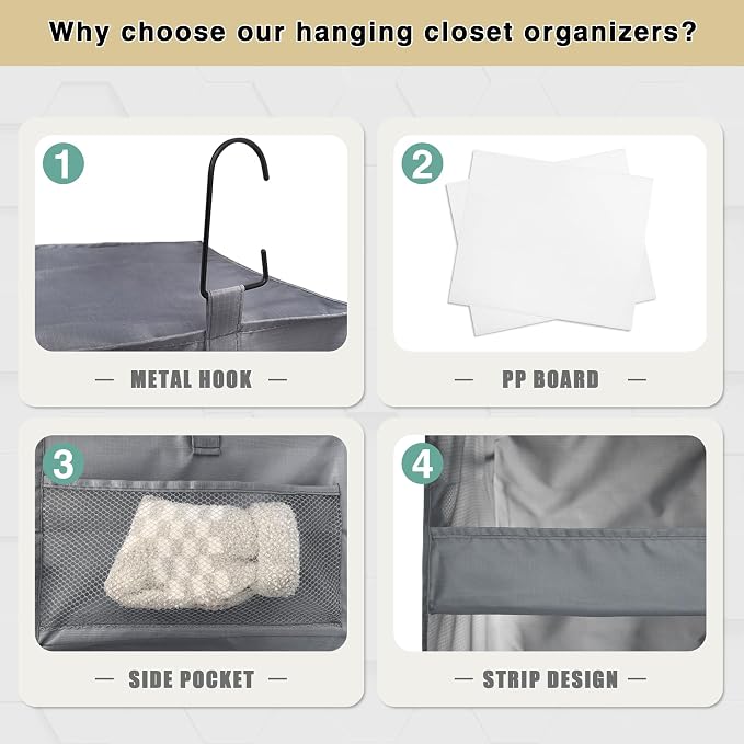 3-Shelf Hanging Closet Organizer, Washable Foldable Storage, Dark Gray | Front lip keeps items secure; side pockets add room; Oxford fabric handles towels, shirts, baby items, dorms, RVs or travel.