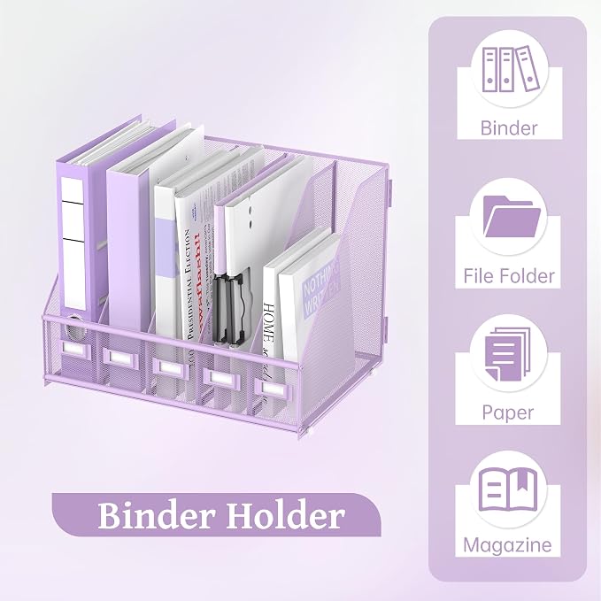 SUPEASY Desk Organizers Metal Desk Magazine File Holder with 5 Vertical Compartments Rack File Organizer for Office Desktop, Classroom, Home Workspace, Purple Plus
