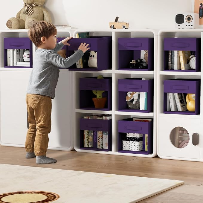 DIMJ Storage Cubes, Cube Storage Bin, 8 Pack Foldable Baskets with Window, Closet Storage Bins with Handle, 11x 11 inch Storage Cubes for Clothes, Toys, Books (Purple)