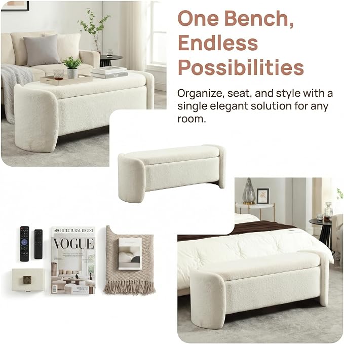 LukeAlon 50" Wide Sherpa Storage Bench, Sturdy Solid Wood Frame Ottoman with Large Hidden Storage, Anti-Slip & Durable Shoe Bench for Bedroom, Entryway, Living Room, White, No Assembly Required