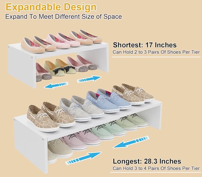 Cidaziya Expandable 1 Tier Shoe Rack for Shoe Cabinet, 1 Tier Stackable White Shoe Shelf Organizer for Closet, Sturdy Metal and Wood Structure, Hold 4-6 Pairs of Shoes