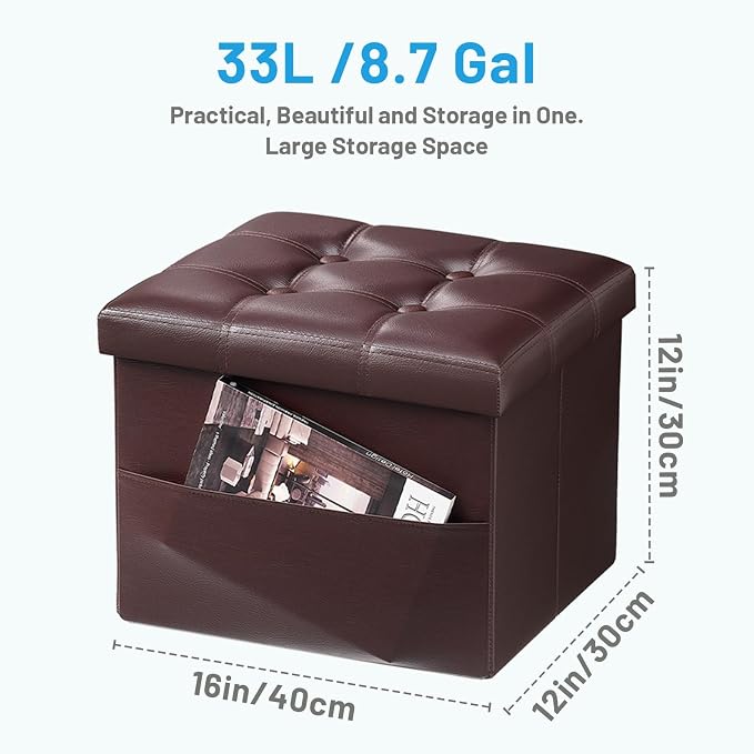 Bsketa Storage Ottoman Bench,16 Inch Folding Leather Foot Rest Stool, Brown | Small Ottoman with Side Pockets, Thicker Foam Padded Seat, Livingroom, Dorm, Bedroom, Easy to install, 38L,16x12x12in