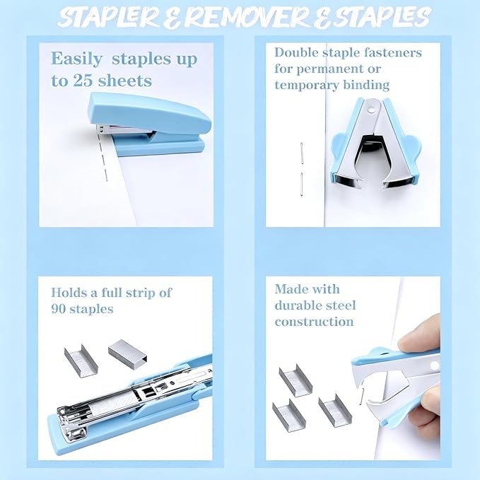 Blue Office Supplies, 17Pcs Blue Desk Accessories Set Include Stapler, Mesh Desk Organizer, Tape Dispenser, Staple Remover, Pen Holder, Clips, Pens, Ruler, for Office Home School Women Students Gift