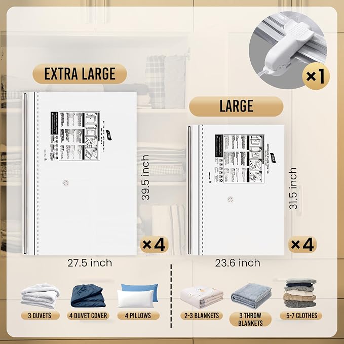TAILI 8 Pack Vacuum Storage Bags, 2 Size Combo(4 Large+4 Jumbo), Clear | LONG SIDE ZIP Vacuum Seal Bags for Clothing, Space Saver for Beddings, Comforters, Blankets, Pillows