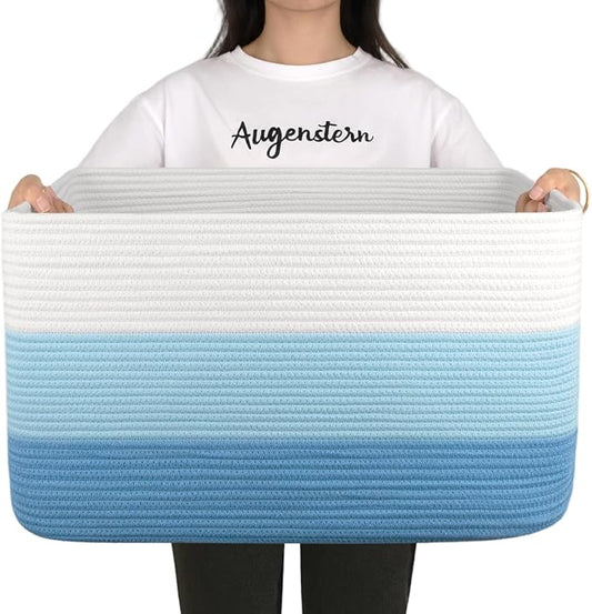 OIAHOMY Large Blanket Basket, 22”x17”x12” Rectangle Woven Baskets, Nursery Blanket Storage Living Room, Toy Storage With Handle, Large Baskets for Organizing-Gradient Light Blue