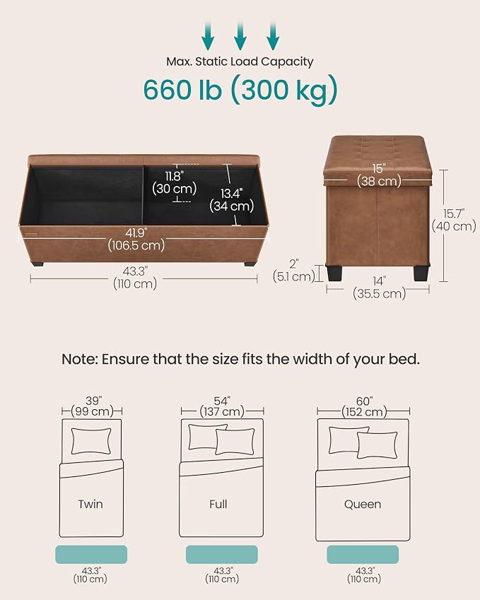 SONGMICS Storage Ottoman Bench with Legs, Folding Ottoman Foot Rest with Flipping Lid, Bench with Storage, for Living Room, Bedroom, Entryway, Synthetic Leather, 43.3 Inches, Coffee Brown ULSF085KQ01