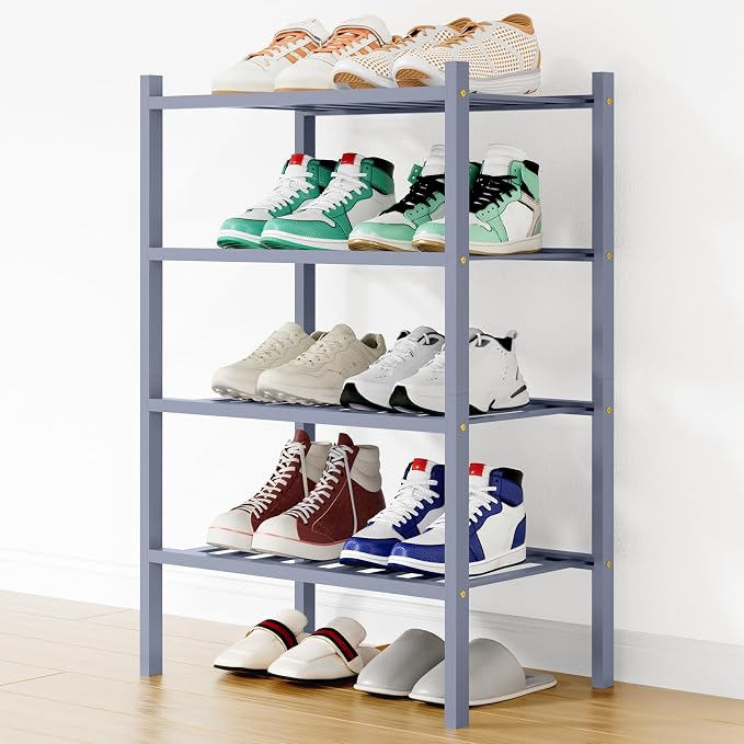 Smiry Bamboo Shoe Rack, 12 Vertical Slats, 4 Tier - 17.3" Wide, Grey | Stackable Free Standing Wooden Shoe Organizer, Wood Shoe Storage Shelf for Closet, Entryway